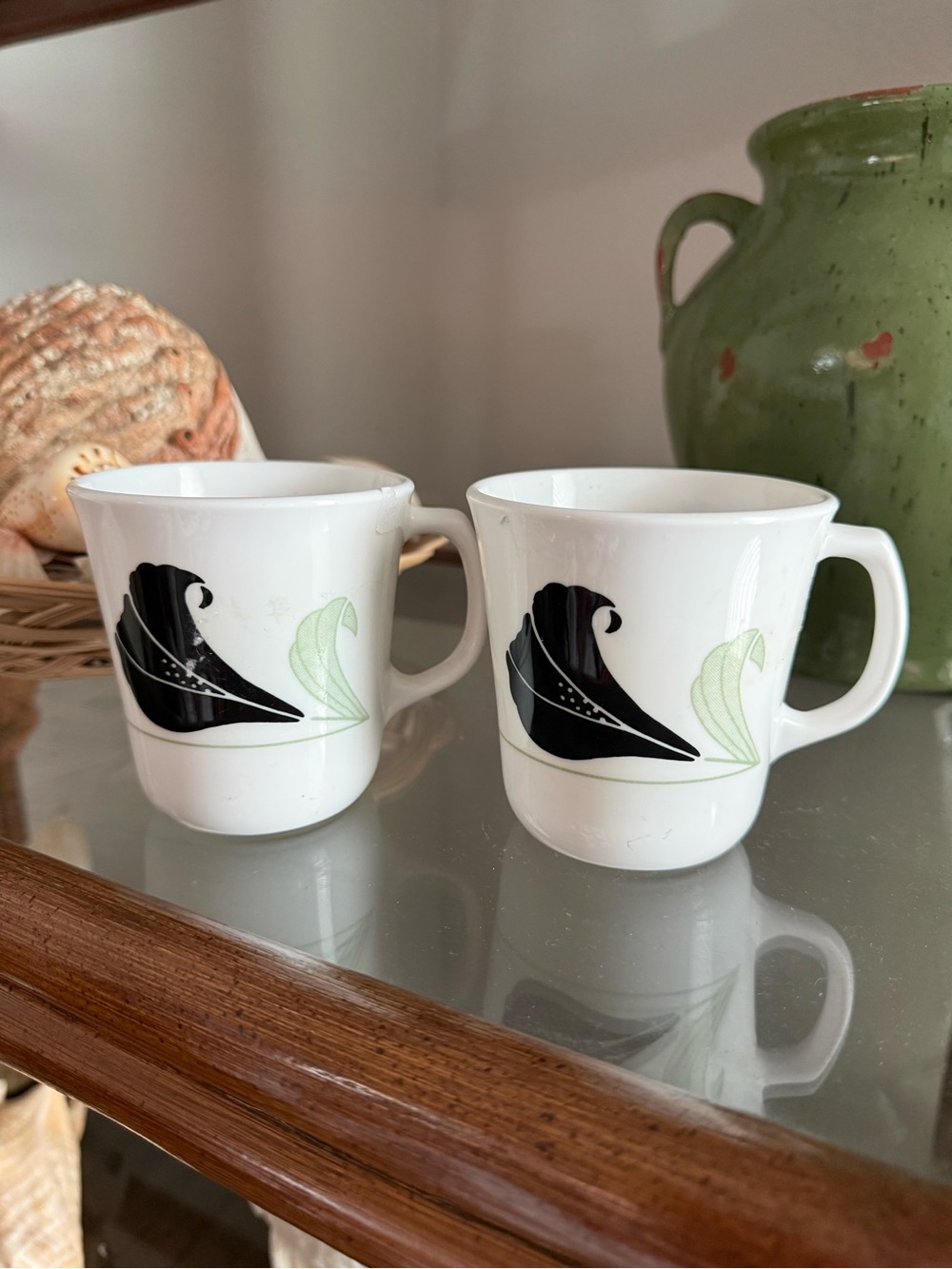 White Ceramic Mugs with Black and Light Green Floral Design - Set of 2